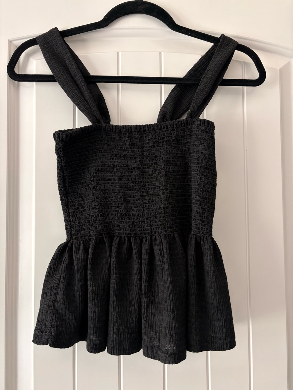 Madewell Black Smocked Tank with Peplum Texture